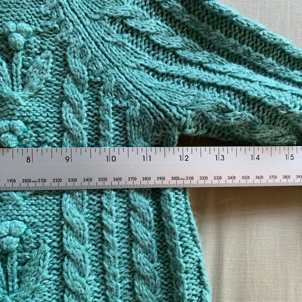 Mini Boden Kids Cardigan Sweater Chunky Green Cable Knit Floral Bobble Girl 3-4Y